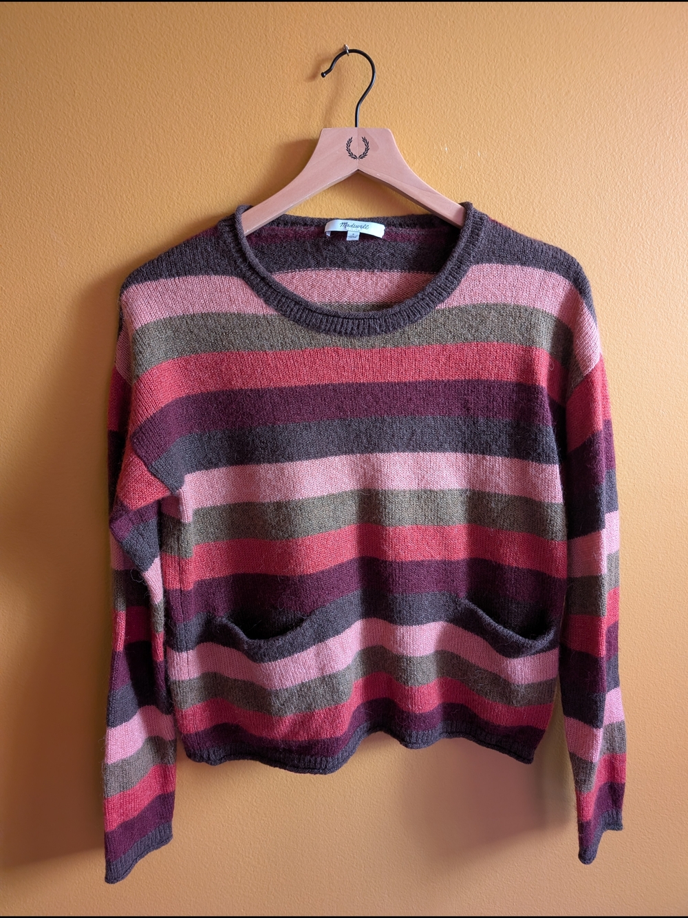 Madewell Striped Crewneck Lightweight Sweater in Pink, Olive & Burgundy